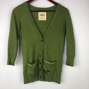 Hollister Green Rabbit Fur Cardigan Long Sleeve Button Closure Pockets Winter